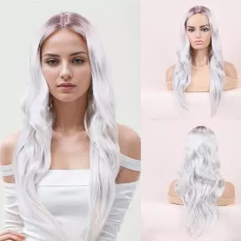 Ladies Long Wave Wig Women Daily Party Cosplay Use Synthetic White With Pink Roots Wig With Middle Part Heat Resistant Fibre Hair белый
