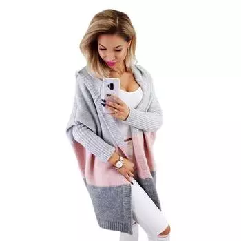 Ladies Long Womens Hooded Cardigan Knitted Sweater Coat Winter Baggy Plus Size Gray & Pink,XL