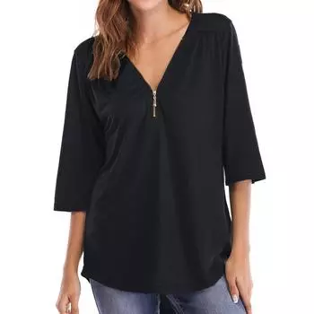 Ladies Loose Comfortable Casual And Fashionable Pleated Zipper Loose Half Sleeved T-shirt Top L чёрный