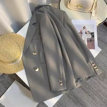 Ladies Love Двубортные блейзеры Осенние однотонные модные пальто в британском стиле Яркие линии Украшенные облегающие топы M серый