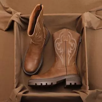 Женские полусапожки коричневого цвета с круглым носком, кожаные ретро-сапоги, женские полусапоги с вышивкой, большие размеры, теплые сапоги, качество по акции 35