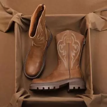 Ladies Mid Calf Shoes Middle Heel Autumn Embroidery Women s Half High Boots Designer Luxury on Promotion Boot Offer Work Sale Pu 35