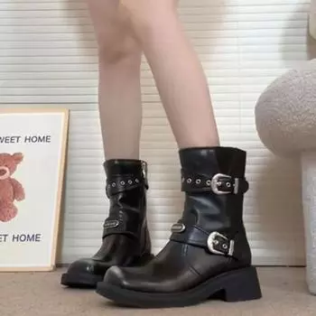 Ladies Mid Calf Shoes New In Middle Heel Retro Women s Half High Boots Y2k Fashion 2024 on Promotion Work Trend Sale Boot Pu Hot 35