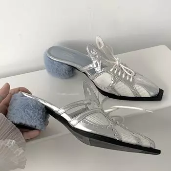 Женские тапочки Muller с острым носком, металлическая цепочка, модная офисная женская обувь, туфли на высоком каблуке, тапочки на низком каблуке, женская обувь, лето 2024 г. 35