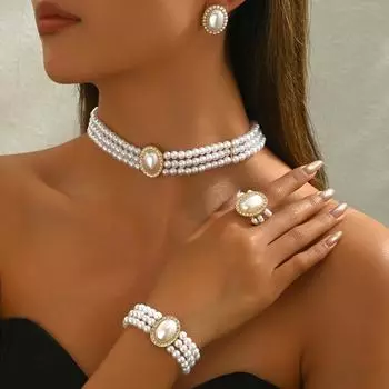Ladies Necklace Earrings Bracelet Set Niche Multi-Layer Diamond Pearl Clavicle Chain Versatile Jewelry
