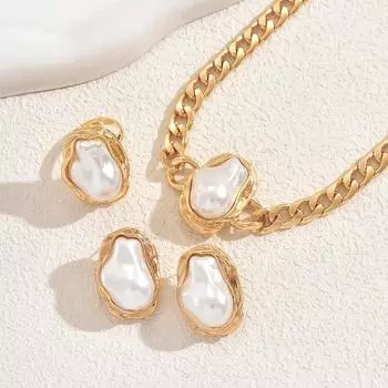 Ladies Necklace Set, Geometric Inlaid Special-Shaped Pearl Design Bracelet Versatile Earrings Jewelry Women