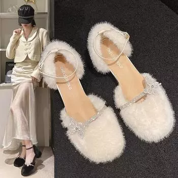 Ladies New Plush High Heels 2024 Autumn Korean Fashion Women s Pumps Sweet and Elegant Date Shoes for Girls Zapatos De Mujer 35 бежевый