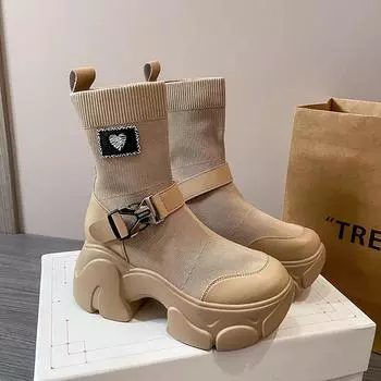 Новые женские зимние туфли на толстой подошве, повседневные дышащие эластичные ботинки средней высоты, нескользящая обувь для ходьбы на открытом воздухе, удобные легкие носки, ботинки 36