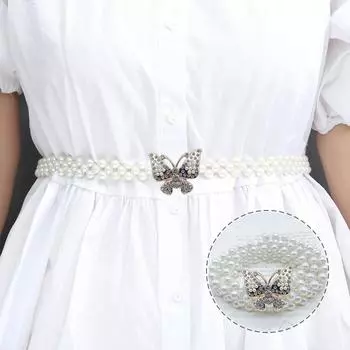 Ladies Rhinestone Temperament Elastic Waistband Elastic Pearl Waist Chain Korean Version Thin Belt Fashion Dress Decoration