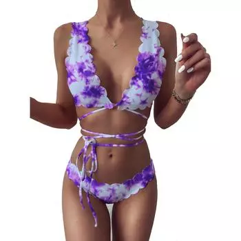 Женский сексуальный купальник с заниженной талией и разрезом в технике тай-дай, комплект бикини L фиолетовый