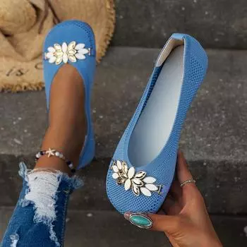 Ladies Shoes 2024 Breathable Mesh Women s Flats Shoes Casual Slip-on Ballet Flats Round Toe Metal Flowers Loafers Women Zapatos 36 бежевый