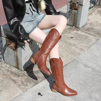 Ladies Shoes 2024 High Quality Knee-High Women s Boots Fashion Rivet Modern Boots Women Sexy Pointed Toe Heels Women Zapatos 35 коричневый