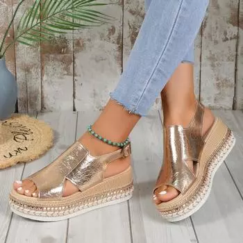 Ladies Shoes 2024 High Quality Peep Toe Women s Sandals Fashion Bordered Office and Career New Solid Wedges Sandals Zapatos 36 золотистый