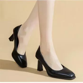 Женская обувь 2024 года, высококачественные женские туфли на высоком каблуке с квадратным носком, для офиса и карьеры, новые однотонные туфли на каблуке для женщин, Zapatos 34 чёрный