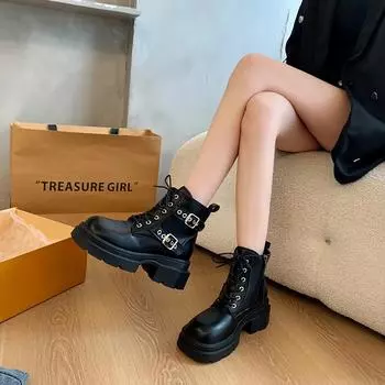 Ladies Shoes 2024 High Quality Side Zipper Women s Boots Fashion Front Lace-up Office and Career New Belt Buckle Ankle Boots 35 чёрный