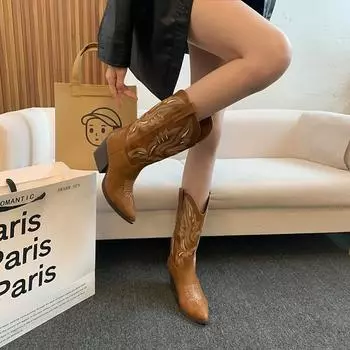 Ladies Shoes 2024 High Quality Slip-on Women s Boots Fashion Embroidery Modern Boots Women Sexy Pointed Toe Solid Mid-Calf Boots 34