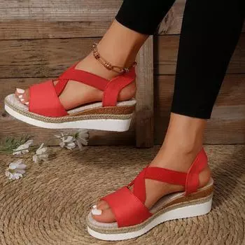 Ladies Shoes 2024 Hot Sale Elastic Band Women s Sandals Summer Solid Open Toe Mid Heel Water Proof Roman Casual Sandals Women 36 красный