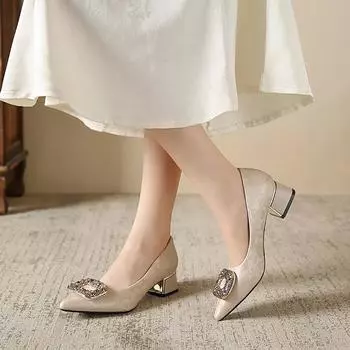 Ladies Shoes 2024 Hot Sale Slip on Women s Pumps Autumn Square Toe Solid Sequins Beads Chunky Heels Fashion Dress Pumps Women 35 чёрный