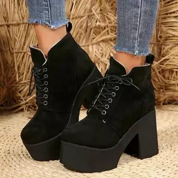 Ladies Shoes 2024 New Lace Up Women s Boots Autumn Round Toe Suede Solid Short Barrel Platform Chunky Heels Fashion Boots 36 чёрный