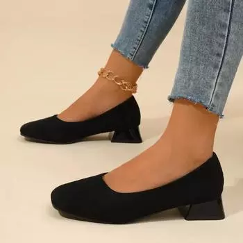 Ladies Shoes 2024 New Slip on Women s Pumps Autumn Square Toe Suede Solid Outdoor Casual Chunky Heels Shallow Large Size Shoes 36 чёрный