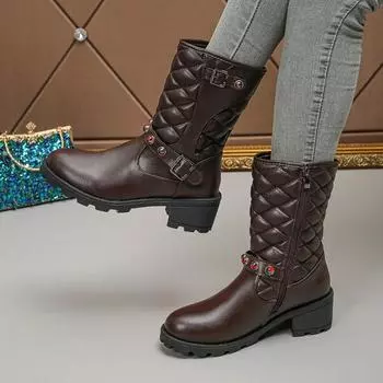 Ladies Shoes 2024 Side Zipper Women s Boots Fashion String Bead Modern Boots Women New Plus Size Belt Buckle Mid-Calf Boots 36 чёрный