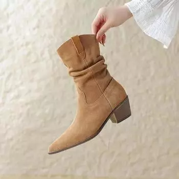 Ladies Shoes 2024New Mid-Calf Women s Boots Fashion Slip-on Modern Boots Women Hot Sale Round Toe Square Heel Shoes Female 36 чёрный