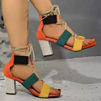 Ladies Shoes 2025 New Summer Front Lace-up Women s Sandals Fashion Mixd Colors Dress Sandals Women Plus Size Heeled Sandals 34