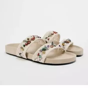 Ladies Shoes 2025 Summer Plus Size Open Toe Luxury Slippers Women Outdoor Casual String Bead Round Toe Women s Flat with Sandals 35 абрикосовый