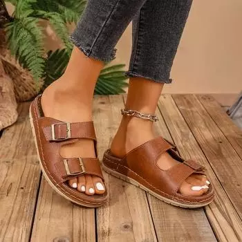 Ladies Shoes 2025 Summer Wedges Women s Slippers New Open Toe Slippers Women Casual Platform Retro Shoes Female Buckle Sandals 36 зелёный