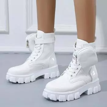 Ladies Shoes Autumn Pocket Ankle Boots Design Female Thick Bottom Round Toe Lace Up British Fashion Winter Woman Plus Size 2024 35 белый