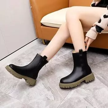 Ladies Shoes Elegant With Medium Heels Leather Round Toe Women s Snow Boots Comfrtable Furry Winter 2024 Plus Warm Large Size Pu 35