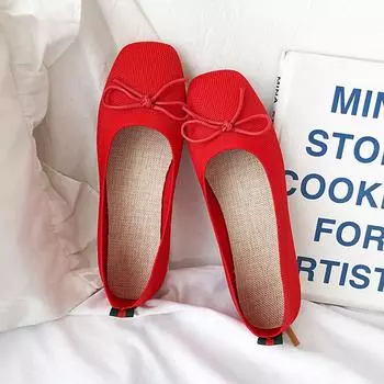 Ladies Shoes Female Spring and Summer Square Head Shallow Mouth Knitted Breathable Slip-on Flat Shoes Knitted Ballet Shoes 35