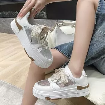 Ladies Shoes Mesh Breathable Leather Lace Up Whit Women Footwear Vulcanized For Chic Point Hot And Low Price Daily Routine Cheap 35