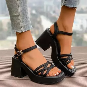 Ladies Shoes New Open Toe Dress Women s Sandals Plus Size Narrow Band Pleated Buckle Strap Heeled Sandals Woman Chunky Heels 35