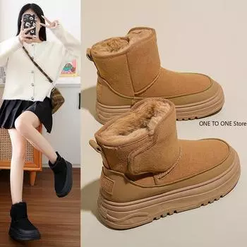 Ladies Shoes on Sale 2024 Fashion Zipper Women s Boots Winter Plush Fleece for Warmth Short Barrel Platform Casual Snow Boots 35 чёрный