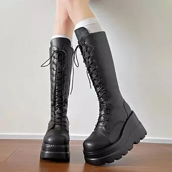 Ladies Shoes on Sale 2024 High Quality Lace Up Women s Boots Winter Round Toe Solid Middle Tube Platform Wedge Fashion Boots 35 чёрный