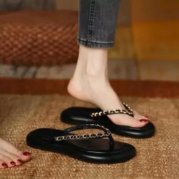 Ladies Shoes on Sale 2024 New Fashion Metal Chain Women s Slippers Summer Flat Casual Beach Flip Flops for Women Chaussure Femme 35 абрикосовый
