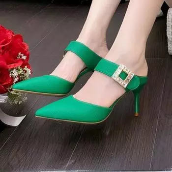 Ladies Shoes on Sale 2024 New Spring Summer Women s Slippers Pointed Toe Solid Buckle High Heels Dress Sexy Mature Slippers 34 покинуть белый