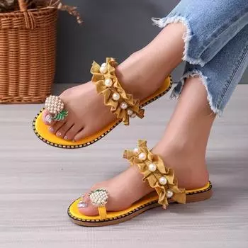 Ladies Shoes on Sale 2024 New Toe Set Women s Slippers Summer Pineapple Beads Outdoor Beach Casual Flat Large Size Slippers 43 35 бежевый