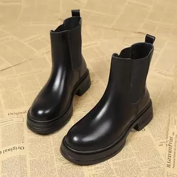 Ladies Shoes on Sale 2024 Slip on Women s Boots Autumn Round Toe Solid Short Barrel Platform Water Proof British Style Boots 35 чёрный