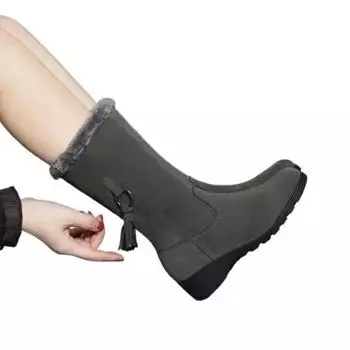 Распродажа женской обуви. Женские сапоги до середины голени. Лаконичные зимние сапоги. Женские с бахромой, круглым носком, боковой молнией, на низком каблуке. Женская обувь больших размеров. 35 чёрный