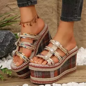 Ladies Shoes Peep Toe Women s Slippers Fashion String Bead Casual Slippers Women Summer Plus Size Wedge Slippers 36