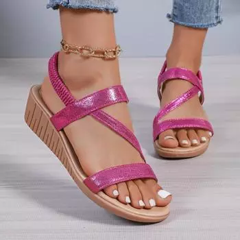 Распродажа женской обуви, женские сандалии с эластичной резинкой, летние, с открытым носком, однотонные, повседневные, на танкетке, большого размера 38