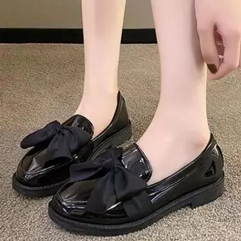 Ladies Shoes SyfIyno New Slip on Mary Jane Women s Pumps Spring Round Toe Solid Butterfly-knot Chunky Heels Profession Pumps 35