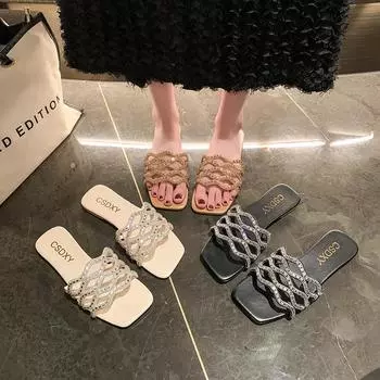 Ladies slippers2024 new large size summer hollow rhinestone one word flat bottom slippers women s beach cool 35 чёрный