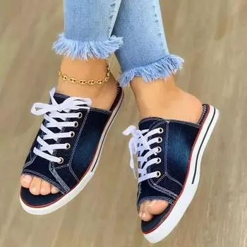 Ladies Slippers Canvas Lace-up Open-toed New Flat-Bottom Casual Women Fashion Denim Beach Shoes 35-43 35 темно-синий