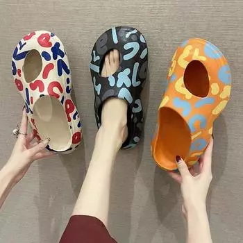Ladies Slippers Cute Sandals Indoor House Comfortable Summer New 2024 Casual Face Women s Mules Shoes Women with Platform Home 36-37 чёрный