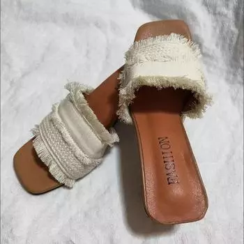 Ladies Slippers French Style Thick Heels Outside High Heeled Slippers Women Summer New Open-toe Fashion Sandals Womens Shoes 35 бежевый