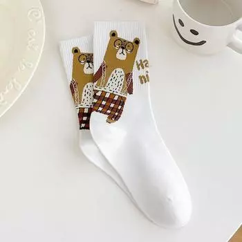Ladies Socks, Cute Glasses, Bear Cartoon, Boneless Cotton Socks, Mid-calf Socks 1 pair белый