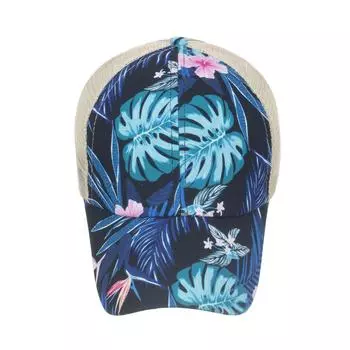 Ladies spring and summer new navy blue flower double cross elastic mesh ponytail baseball cap cap sun hat Adjustable